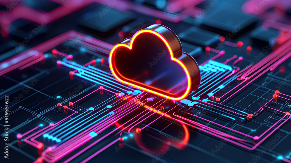 Illuminated cloud symbol on a circuit board background representing cloud computing and digital technology. Illuminated cloud symbol on a circuit board background representing cloud computing and digital technology.