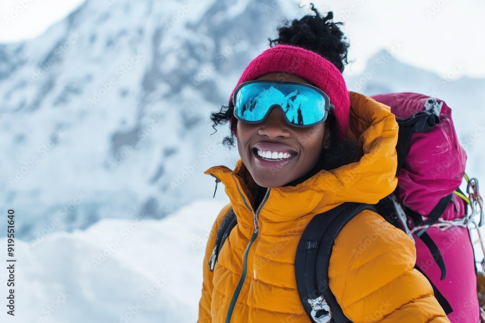 Person in yellow jacket with pink backpack on mountains Person in yellow jacket with pink backpack on mountains