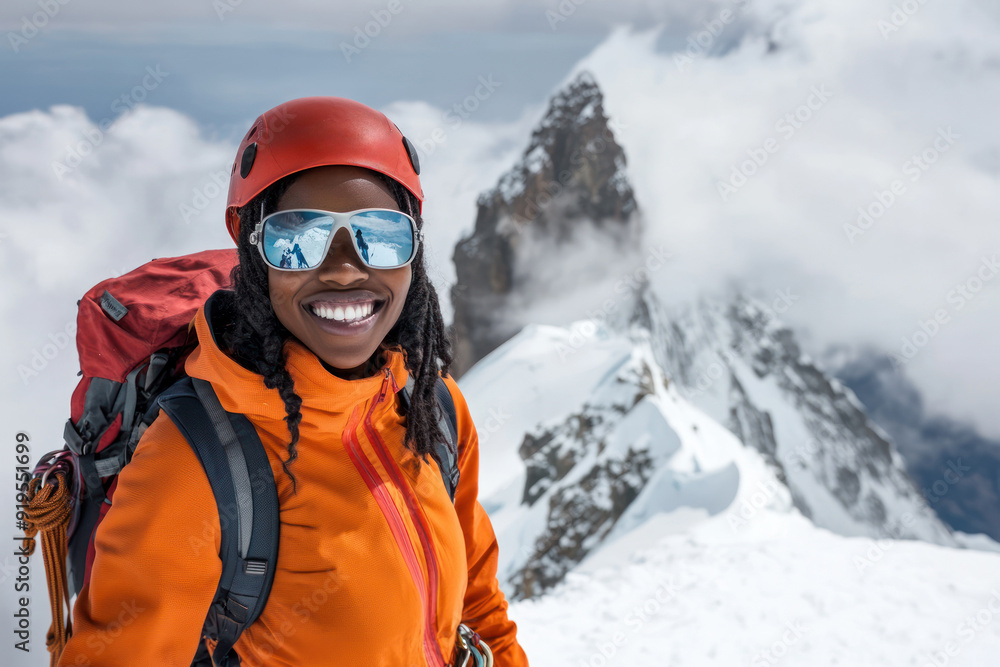 Mountain climber in orange gear near snowy summit Mountain climber in orange gear near snowy summit