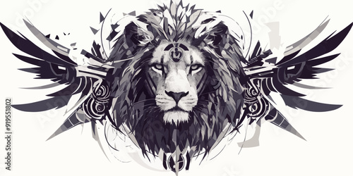 Black Symmetric Lion Tattoo - Vector Design on White Background