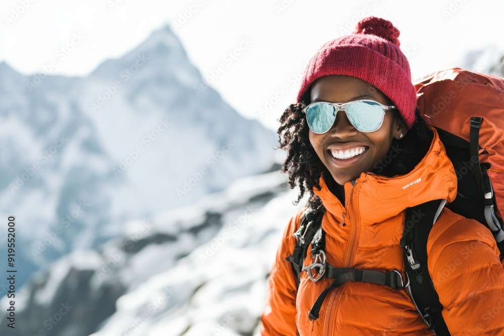 Adventurer in pink hat and orange coat facing mountains Adventurer in pink hat and orange coat facing mountains