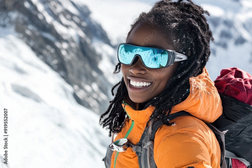Hiker with dreadlocks beneath snow-capped mountains Hiker with dreadlocks beneath snow-capped mountains