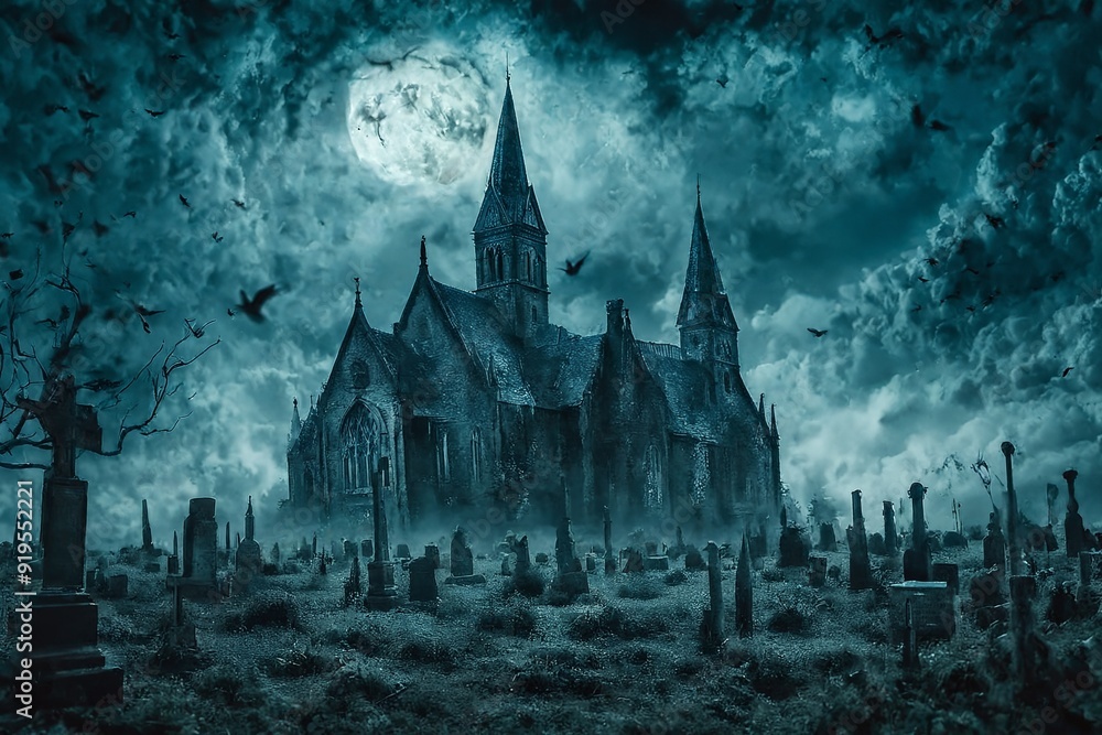 Haunted Churchyard under Full Moon Haunted Churchyard under Full Moon
