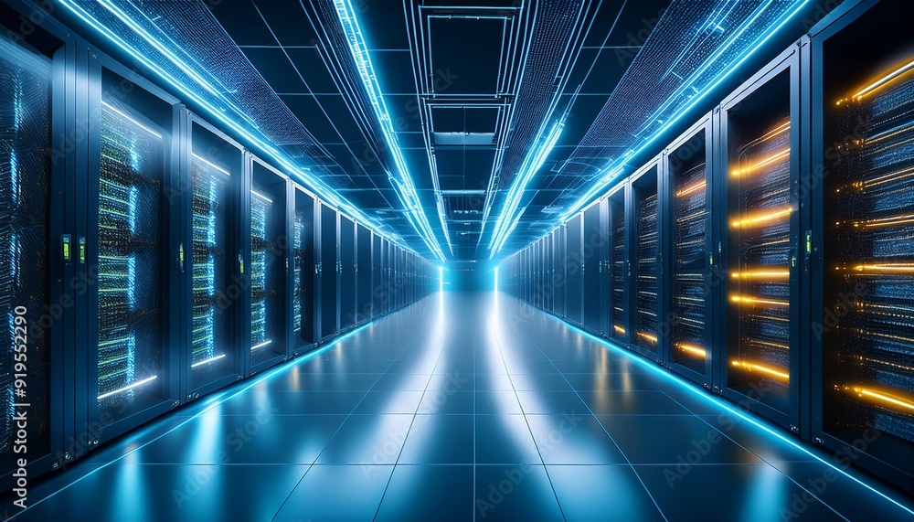 futuristic data center interior with seamless rows of glowing server racks advanced cooling systems and pulsing fiber optic cables in a vast sterile environment futuristic data center interior with seamless rows of glowing server racks advanced cooling systems and pulsing fiber optic cables in a vast sterile environment