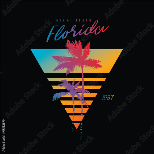 Original vector illustration in vintage style. Retro sunset collection in triangular shape. T-shirt design, design element.