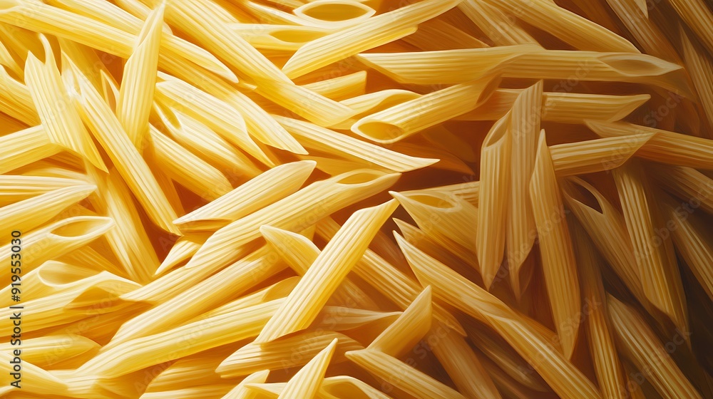 Close-up of Penne Pasta, Golden and Textured Close-up of Penne Pasta, Golden and Textured