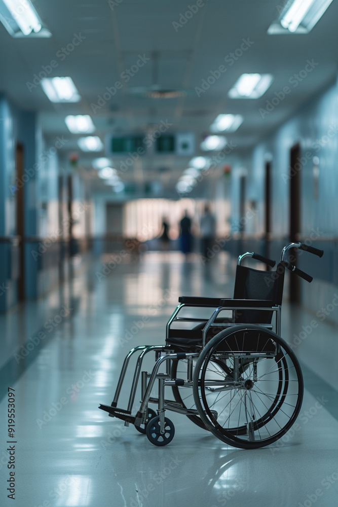 Vertical poster of empty wheelchair in indoor hospital corridor. Recovery, disability, support care medical mobility health service in lobby concept Vertical poster of empty wheelchair in indoor hospital corridor. Recovery, disability, support care medical mobility health service in lobby concept