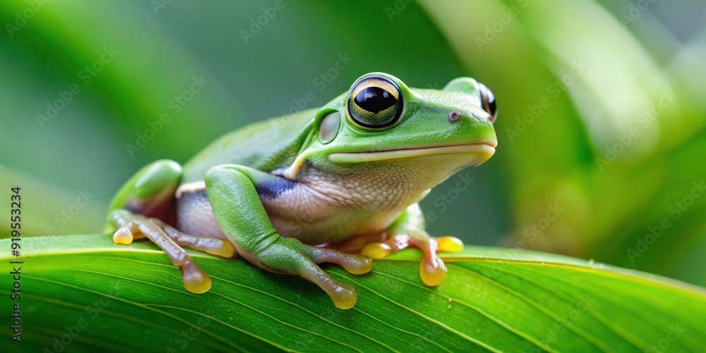 Close-up of a green tree frog, also known as a Hikigaeru in Japanese, sitting on a leaf in its natural habitat Close-up of a green tree frog, also known as a Hikigaeru in Japanese, sitting on a leaf in its natural habitat
