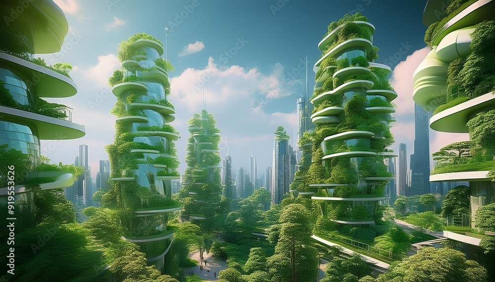 futuristic green cityscape with towering vertical gardens sustainable ...