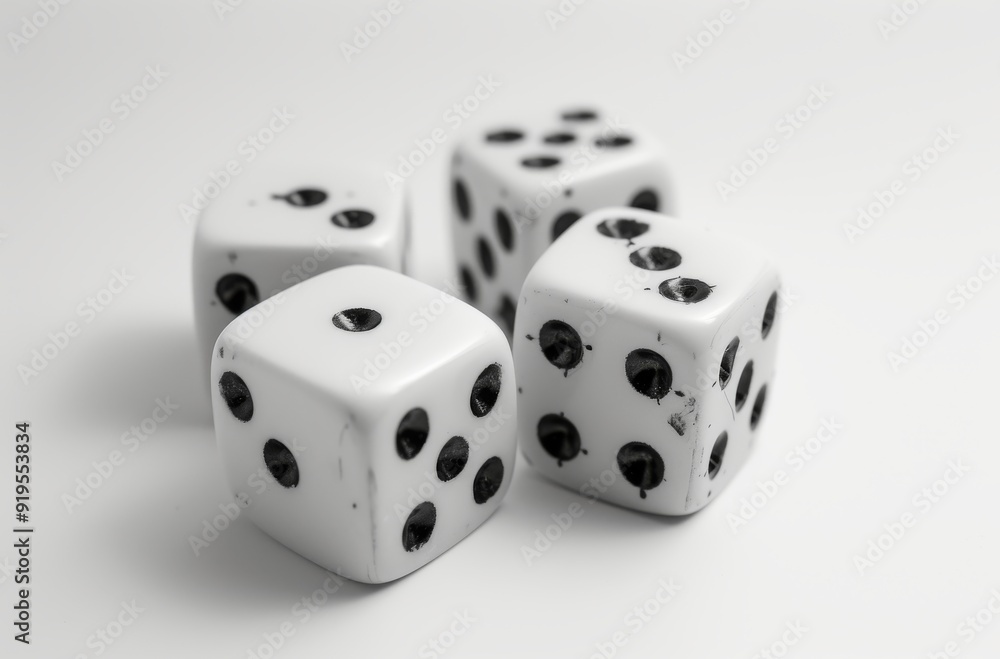 Four white dice are displayed against a clean white background, showcasing their black dots and slightly worn surfaces, evoking a sense of chance and game play. Four white dice are displayed against a clean white background, showcasing their black dots and slightly worn surfaces, evoking a sense of chance and game play.