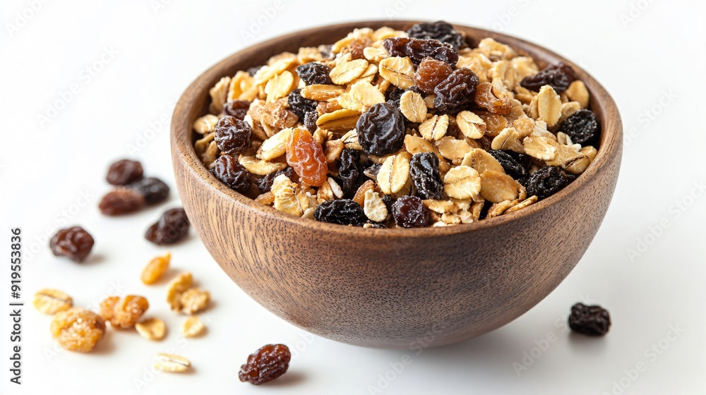 Bowl with Muesli and Raisins on White Background Bowl with Muesli and Raisins on White Background