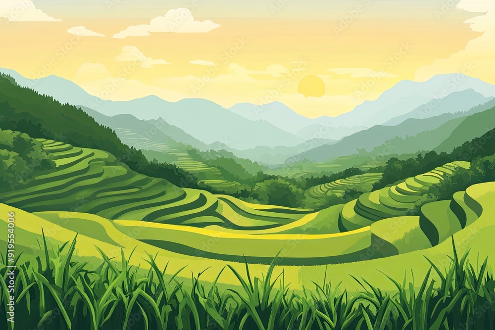 Obraz premium Flat design of rice terrace landscape background vector illustration