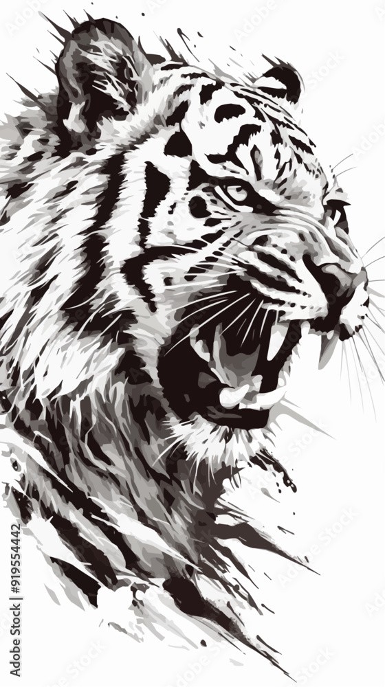 A striking black vector design featuring a symmetric tiger tattoo on a clean white background. A striking black vector design featuring a symmetric tiger tattoo on a clean white background.