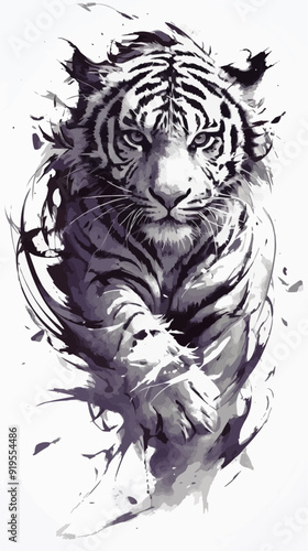 A striking black vector design featuring a symmetric tiger tattoo on a clean white background.  photo