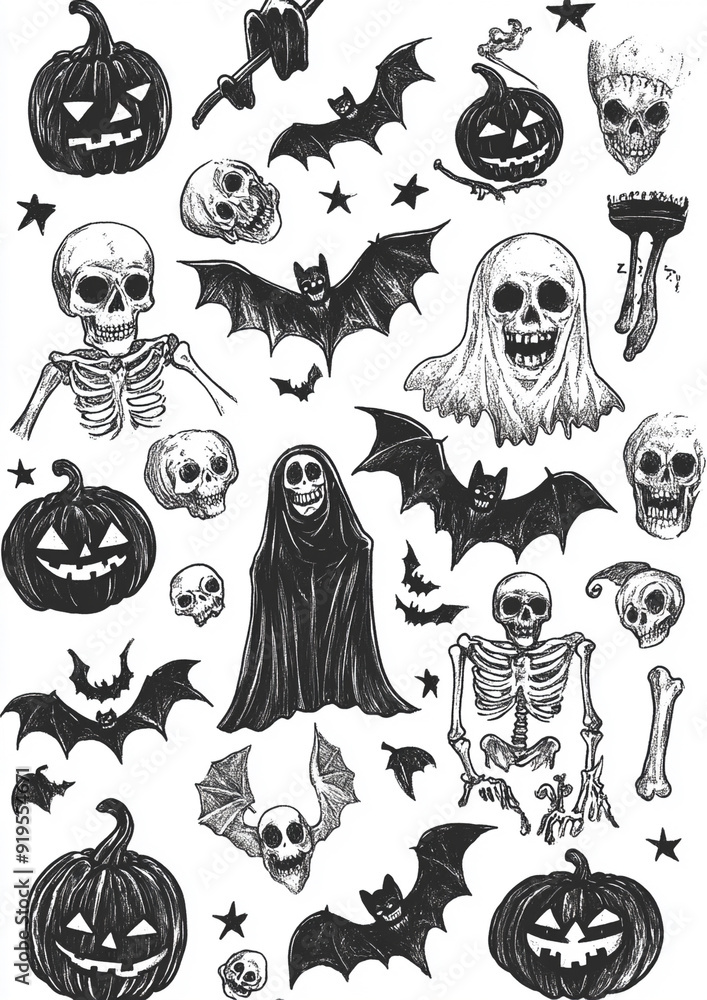 A detailed drawing of various Halloween symbols A detailed drawing of various Halloween symbols