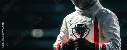 Fencer with mask off, holding trophy, tournament victory and precision