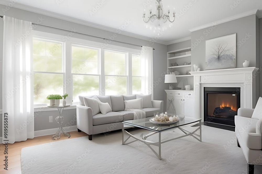 Living room with white furniture and gray accents. Living room with white furniture and gray accents.