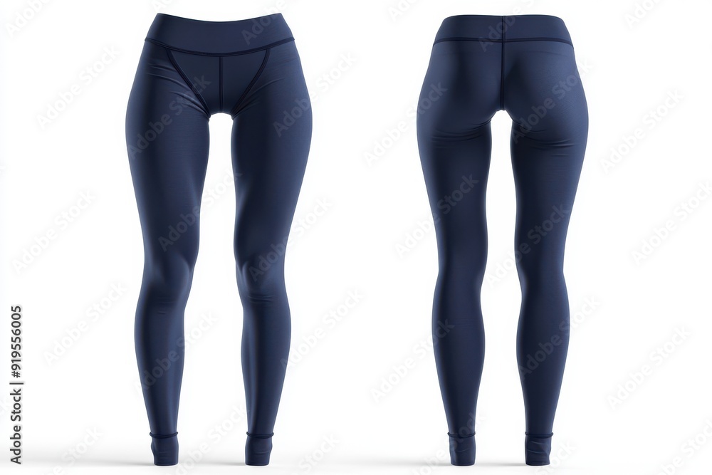 A pair of navy blue leggings displayed from the front and back on a white background A pair of navy blue leggings displayed from the front and back on a white background