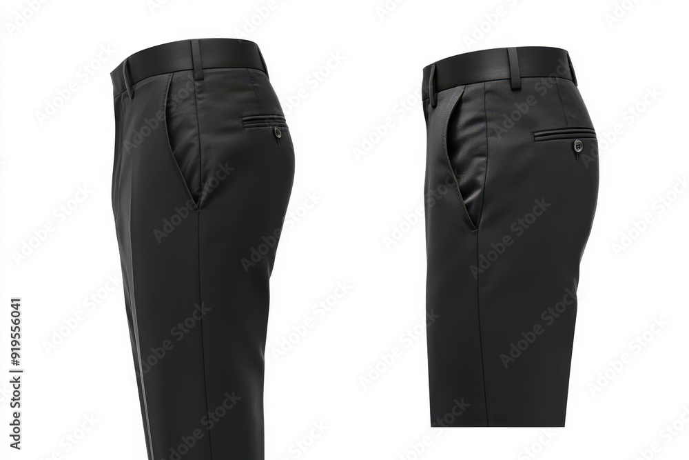 Two black tailored dress pants shown from the side, highlighting sleek lines and pockets