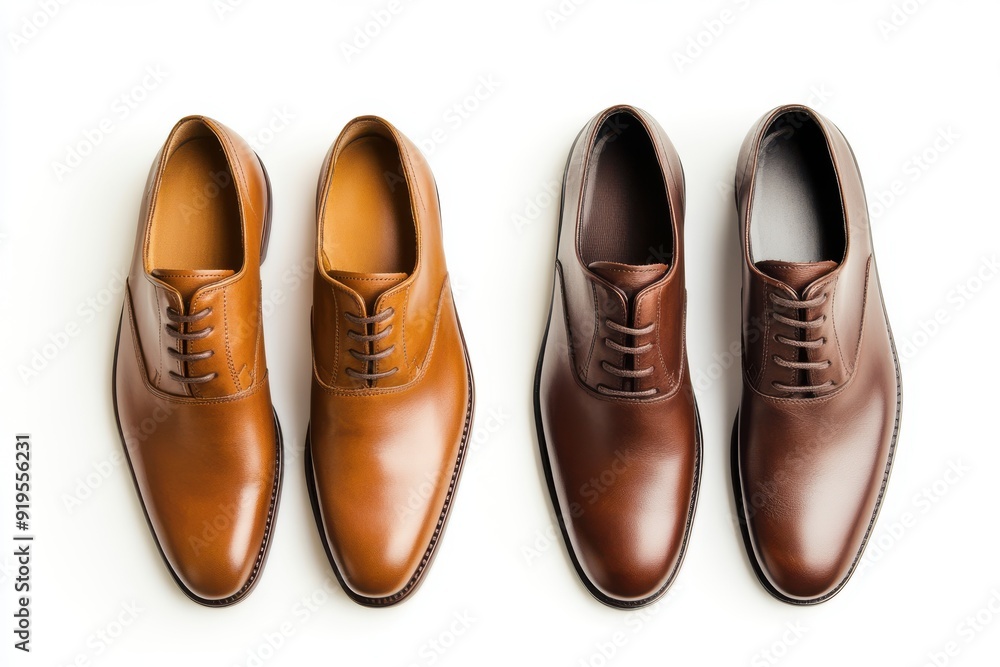 Two pairs of brown leather dress shoes displayed side by side on a white background Two pairs of brown leather dress shoes displayed side by side on a white background