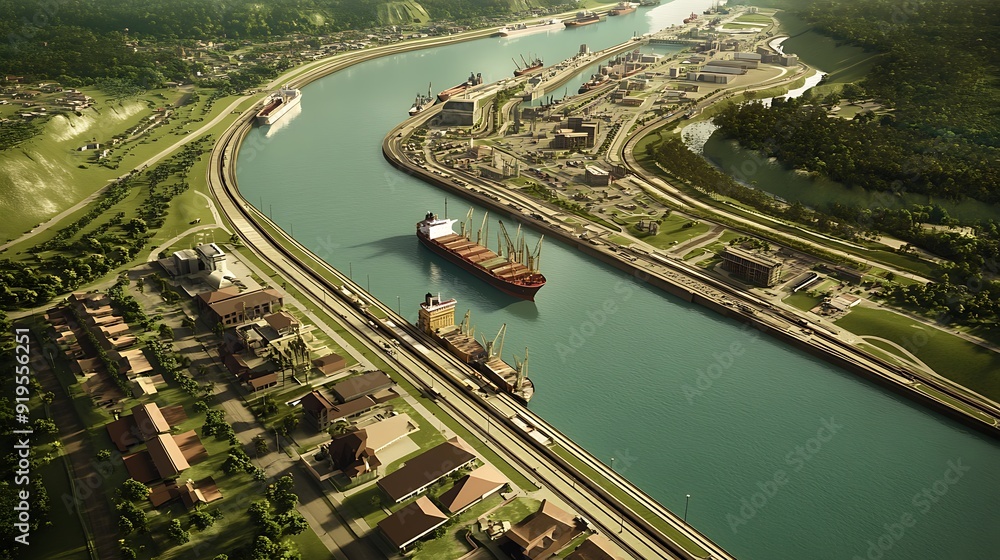 Naklejka premium Aerial View of a Busy Panama Canal Section