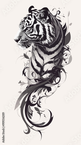 Symmetric Black Tiger Tattoo Design on White Background - Vector Art