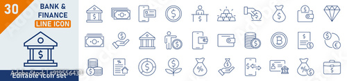 Bank line icon set. Set of 30 outline icons related to bank, banking operations, online banking, currency, finance and more. Bank outline icons collection. Editable stroke. Vector illustration.