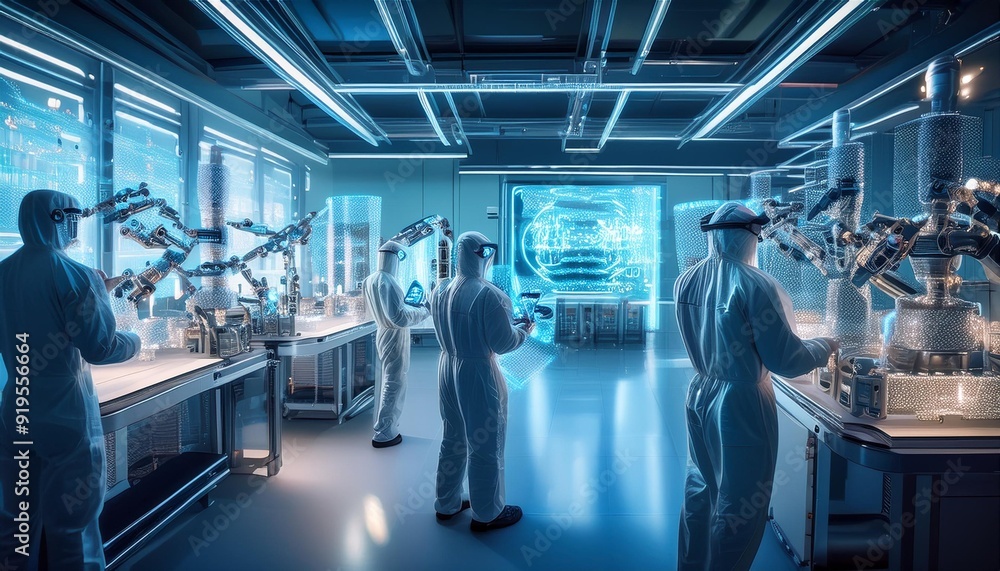 futuristic pharmaceutical lab with robotic arms and conveyor belts ...
