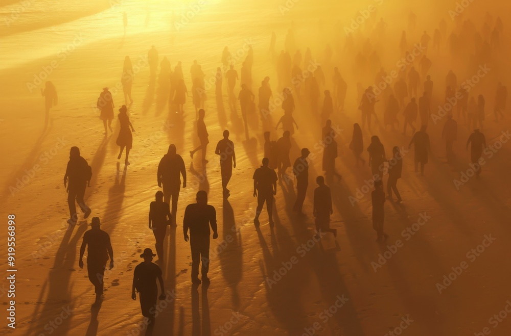 Fototapeta premium Mystical sunset casting long shadows of people walking on the beach, creating a dreamlike atmosphere filled with introspection and the magic of the ethereal light.