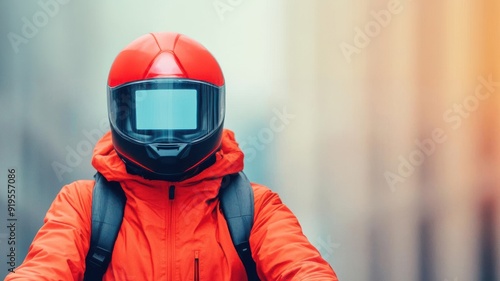 A motorcyclist in a bright red jacket and helmet, poised for adventure in an urban setting with a blurred city backdrop.