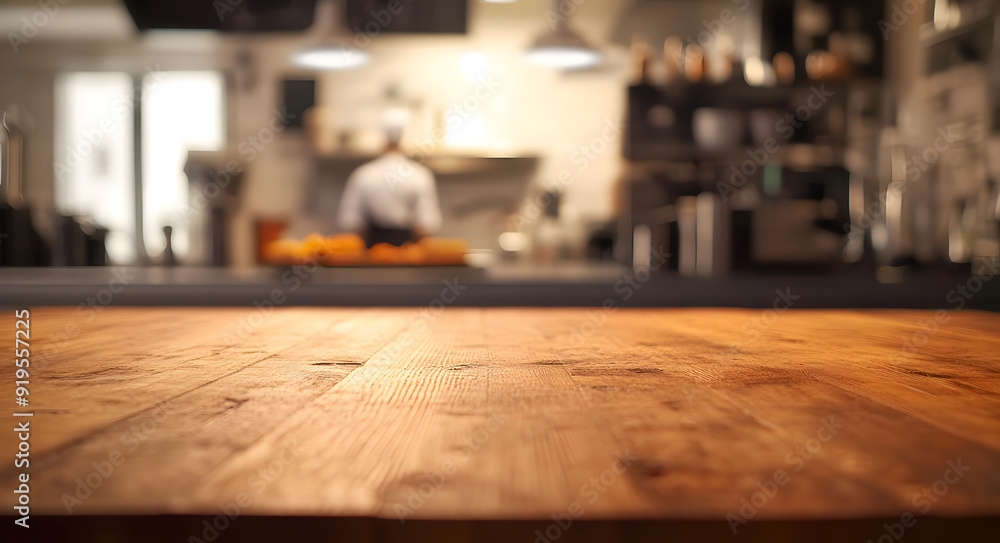 Blurred Background of a Restaurant Interior with a Wooden Table in Focus Blurred Background of a Restaurant Interior with a Wooden Table in Focus