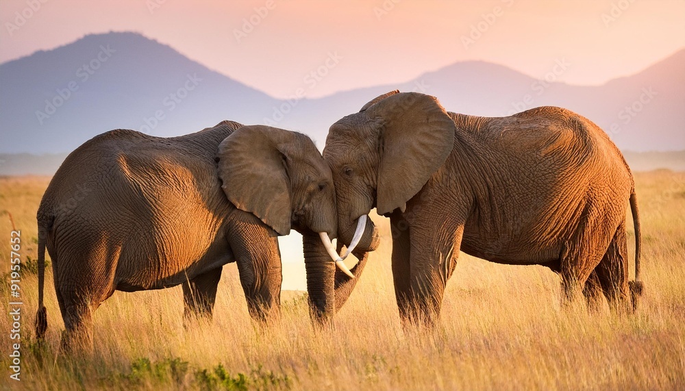 Fototapeta premium elephants at sunset