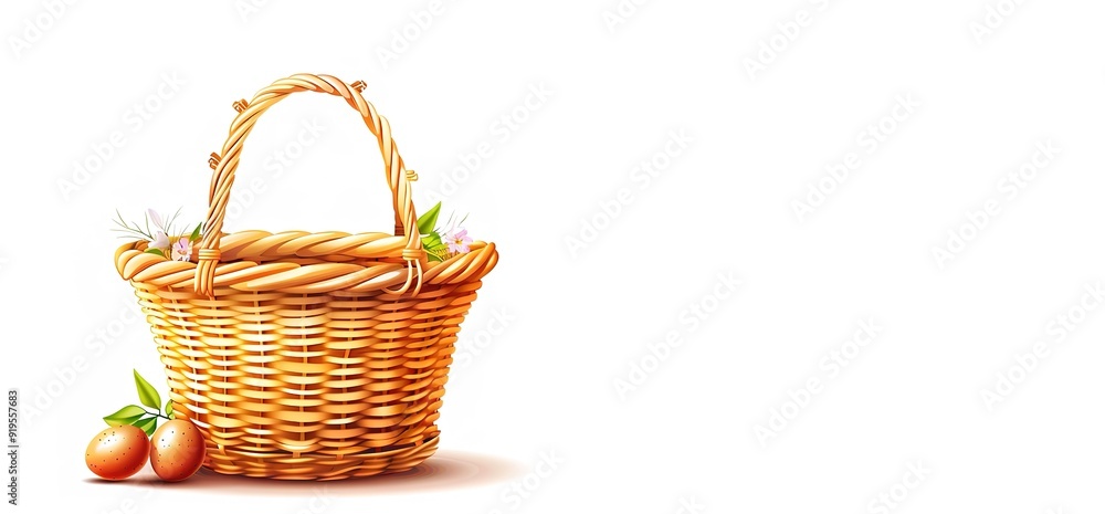 A wicker basket with two Easter eggs and blooming white flowers on a white background. A wicker basket with two Easter eggs and blooming white flowers on a white background.