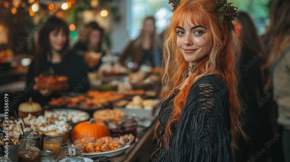 Halloween party scene with festive decorations, a table filled with themed treats and drinks Halloween party scene with festive decorations, a table filled with themed treats and drinks