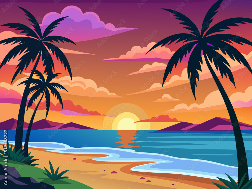 Sunset beach scene. Tropical evening paradise background with seawater, palm trees, sand. Palm silhouette on colorful sky. Evening ocean breeze. Nature summer sunset. Vector concept
Sunset beach scene. Tropical evening paradise background with seawater, palm trees, sand. Palm silhouette on colorful sky. Evening ocean breeze. Nature summer sunset. Vector concept