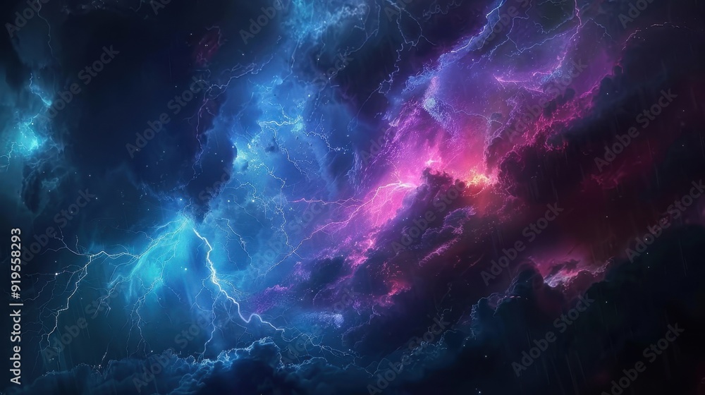 The abstract storm brings a dramatic light show. Dark clouds and rain add to the intense scene. The abstract storm brings a dramatic light show. Dark clouds and rain add to the intense scene.