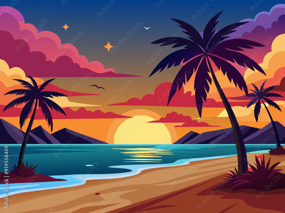 Sunset beach scene. Tropical evening paradise background with seawater, palm trees, sand. Palm silhouette on colorful sky. Evening ocean breeze. Nature summer sunset. Vector concept
Sunset beach scene. Tropical evening paradise background with seawater, palm trees, sand. Palm silhouette on colorful sky. Evening ocean breeze. Nature summer sunset. Vector concept