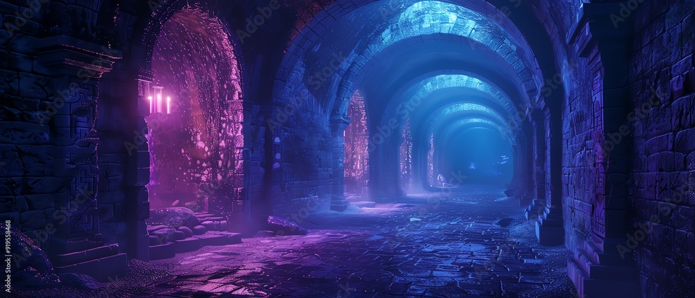 A mystical tunnel with ancient runes glowing on the walls A mystical tunnel with ancient runes glowing on the walls