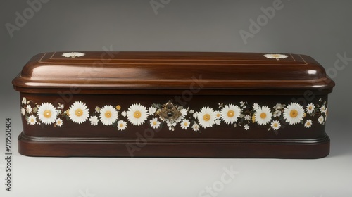 A polished mahogany coffin with a border of white daisies photo