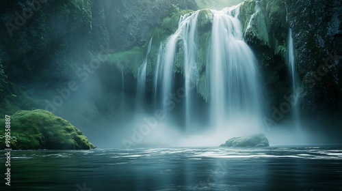 Serene Waterfall Cascading Down a Mossy Cliff