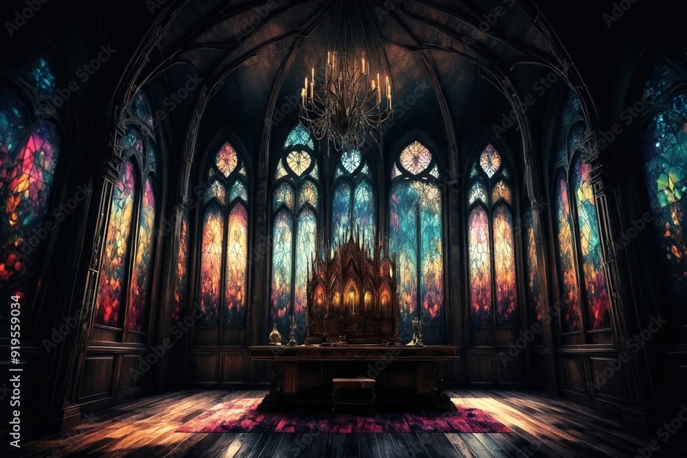Gothic Cathedral Interior with Stained Glass Windows Gothic Cathedral Interior with Stained Glass Windows