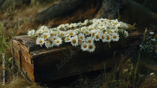 A rustic wooden coffin with a wreath of white daisies photo