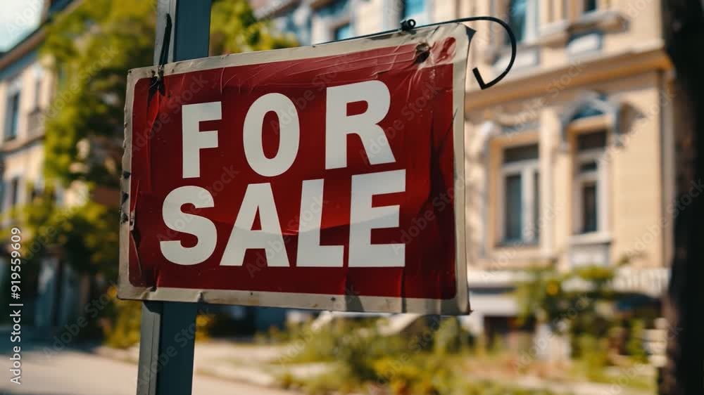 A bright red 'For Sale' sign hangs prominently in front of a classic-style home on a peaceful residential street. A bright red 'For Sale' sign hangs prominently in front of a classic-style home on a peaceful residential street.