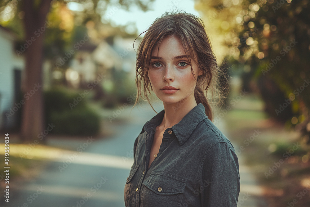 A model in a solid dark grey shirt, walking along a tree-lined boulevard in a quiet suburban neighborhood. A model in a solid dark grey shirt, walking along a tree-lined boulevard in a quiet suburban neighborhood.