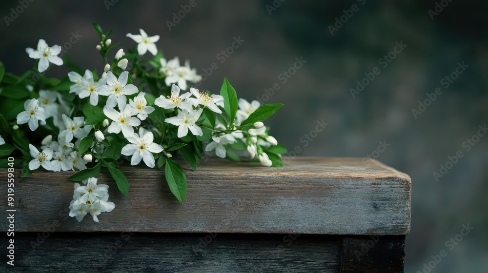A simple wooden coffin with a bouquet of white magnolias resting at the foot A simple wooden coffin with a bouquet of white magnolias resting at the foot