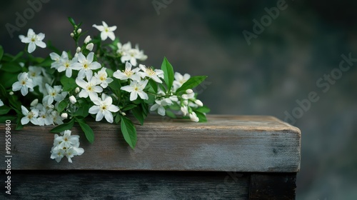 A simple wooden coffin with a bouquet of white magnolias resting at the foot