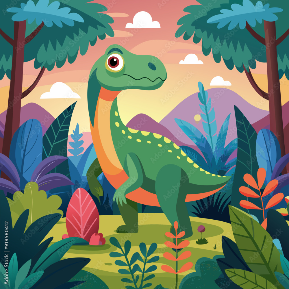 Obraz premium dinosaurs, forest, prehistoric, jungle, ferns, fossils, pterodactyl, T-rex, stegosaurus, velociraptor, brontosaurus, herbivores, carnivores, reptile, ancient, cretaceous, conifers,