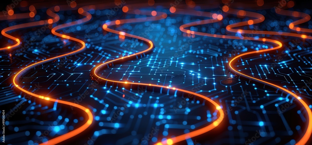 Abstract digital background with glowing orange lines on a dark blue circuit board. Concept of technology, data flow, and innovation. Abstract digital background with glowing orange lines on a dark blue circuit board. Concept of technology, data flow, and innovation.