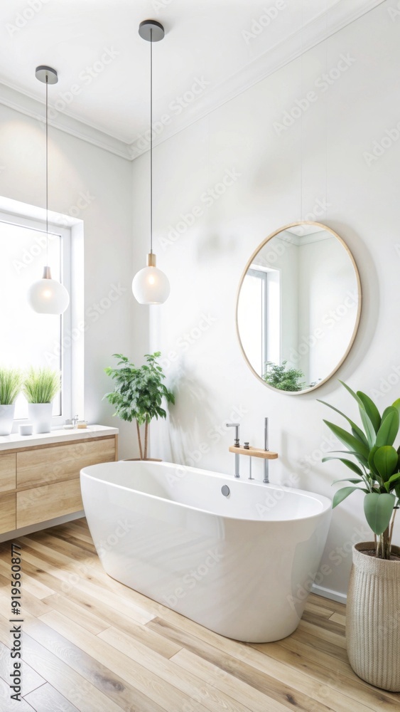 A modern bathroom features a sleek, white freestanding bathtub centered against a minimalist white wall. A modern bathroom features a sleek, white freestanding bathtub centered against a minimalist white wall.