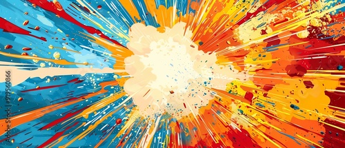 Comic book style explosion, bright colors, dynamic and energetic